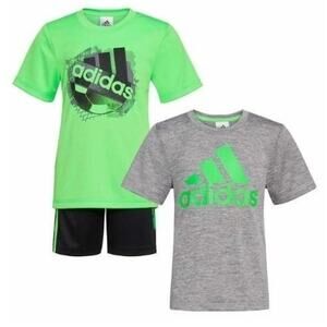 Boys Adidas Shirts 3 Piece Set Shorts Neon Green Black Size 5 NEW